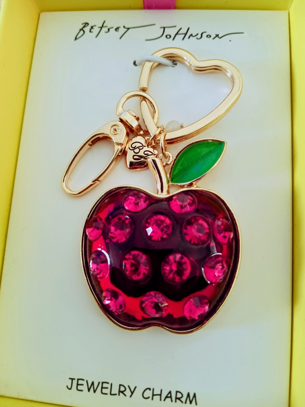 Betsey Johnson Fuchsia Crystal Apple Key Charm with Green Leaf